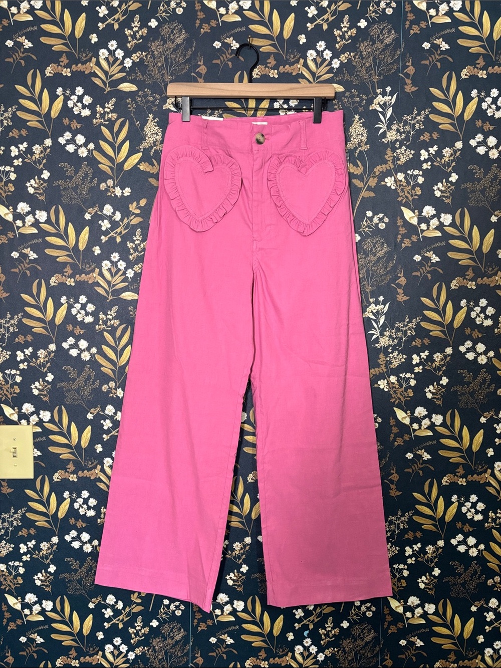 NWT Anthropologie Pink Cropped Wide-Leg Colette Pants with Heart Pockets 31 Tall